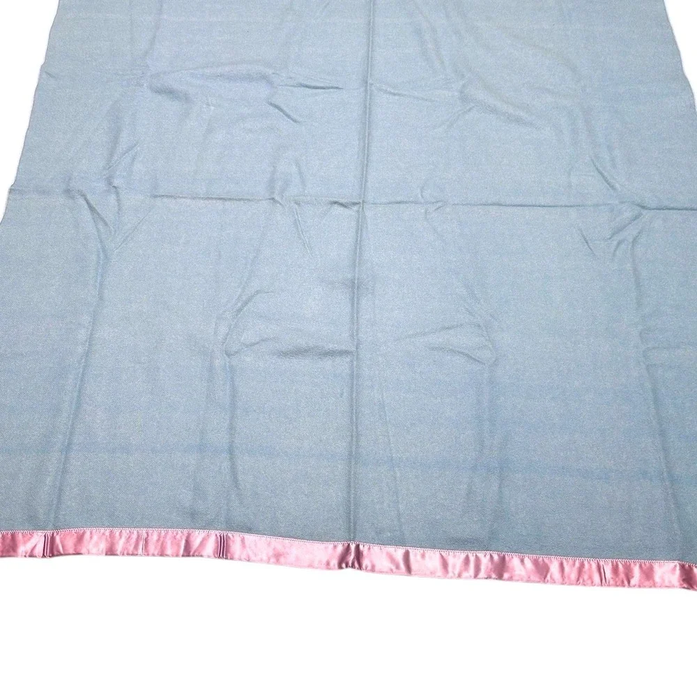 Vintage Blue Wool Blanket Lavender Satin Trim ‎ Mid Century Modern 62